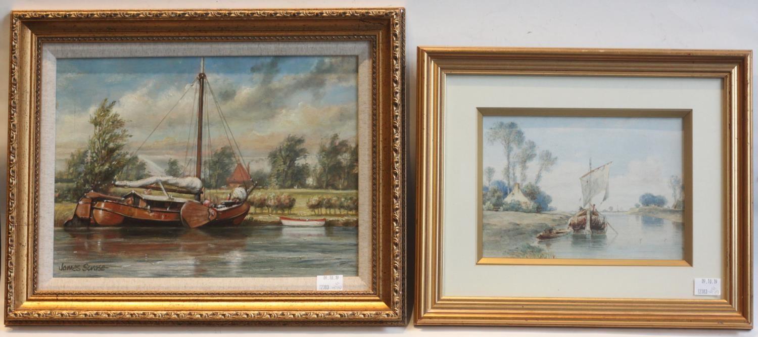 James Scrase, sailing barge on a canal, oil on board 27x37cm, together with a Continental School,