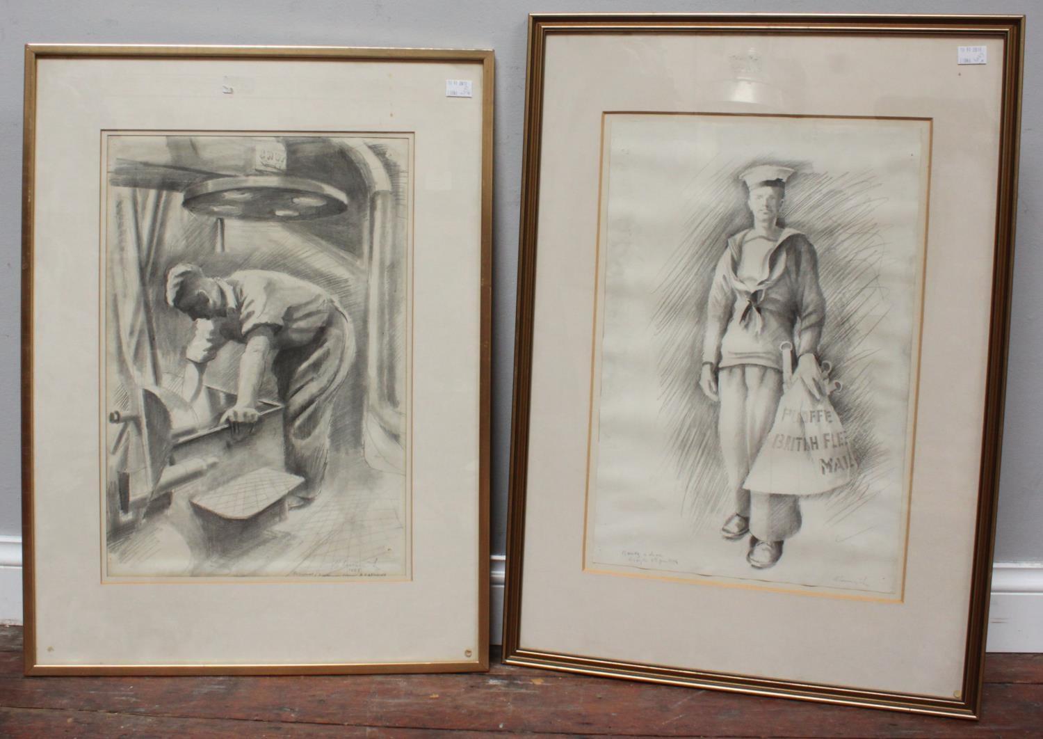 M. Lewis? mid 20th Century English School. Four various pencil studies of ships interiors and