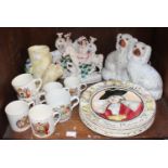 SECTION 37. A pair of Staffordshire pottery seated Spaniels and a pair of figures, together with six