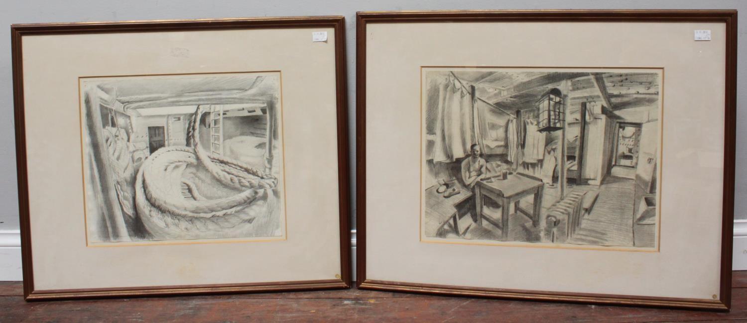 M. Lewis? mid 20th Century English School. Four various pencil studies of ships interiors and - Image 2 of 2