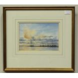 Colin M Baxter (20th century) Shoreline seascape study with boats at sunset, signed, watercolour,