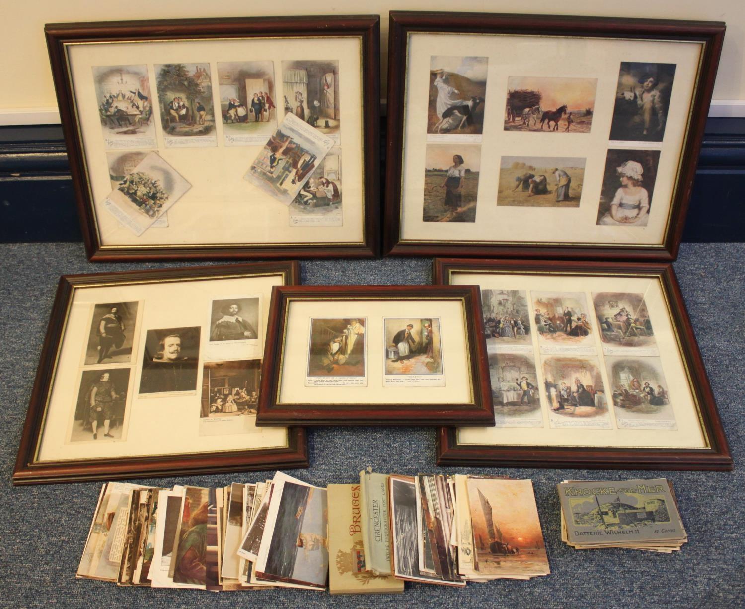 Two framed sets of 'In Dickens Land' postcards, King of Spain and other postcards of Spanish