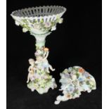A 19th century German porcelain comport, modelled with a conical pierced basket, supported by