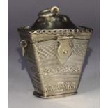 An unusual 19th century Dutch silver sewing case in the form of a tapering, rectangular box, the