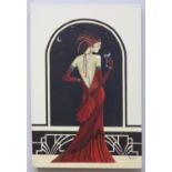 Laurie Abraham; full-length study of a classic Art Deco period lady in full-length open-back red