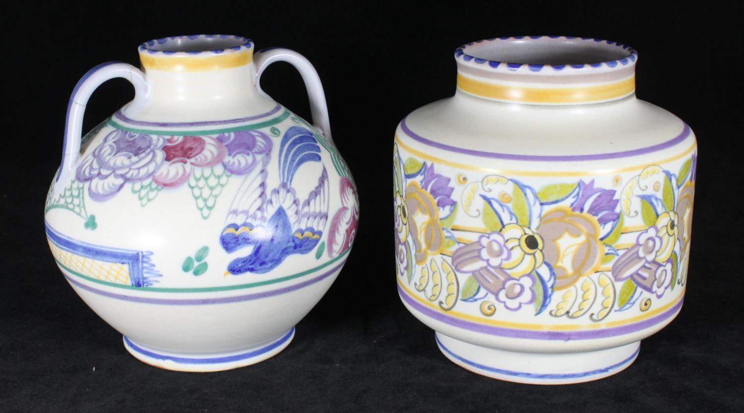 Two various Carter Stabler Adams (Poole) pottery vases, one with repaired handle (2)