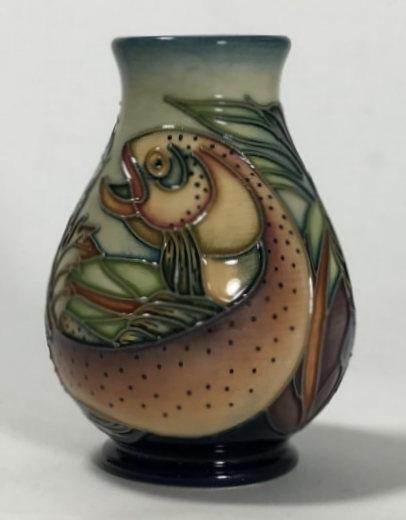 A Moorcroft pottery small vase of ovoid form, decorated in the 'Trout' pattern after Philip - Image 2 of 4