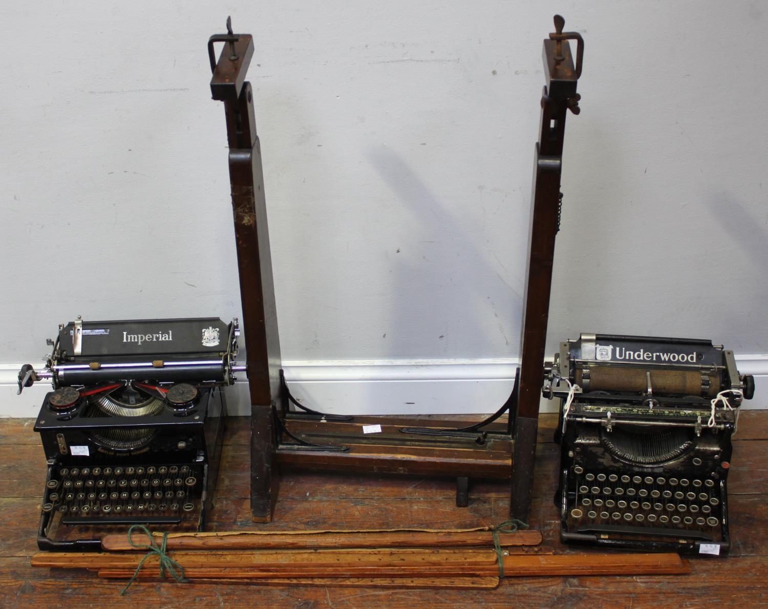 A 19th century stained pine adjustable tapestry frame/ stand, with metal fittings, together with