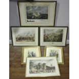 A pair of hand-coloured French fashion prints, in gilt frames, together with three military prints