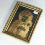 A 20th century Polish marquetry icon depicting the Madonna & Child, glazed and framed. 21 x 15cm