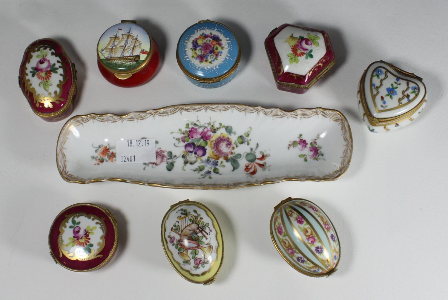 Seven enamelled French porcelain shaped boxes with gilt-metal-mounted hinged covers and polychrome - Image 2 of 2