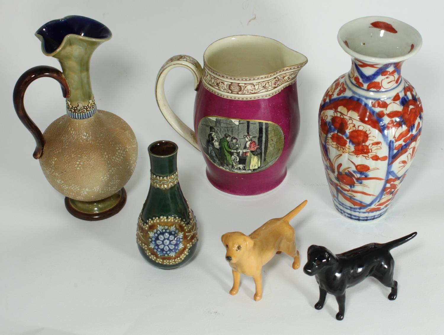 An Imari vase together with two Beswick Labradors (one af), Doulton jug with flared rim (repaired