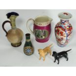 An Imari vase together with two Beswick Labradors (one af), Doulton jug with flared rim (repaired