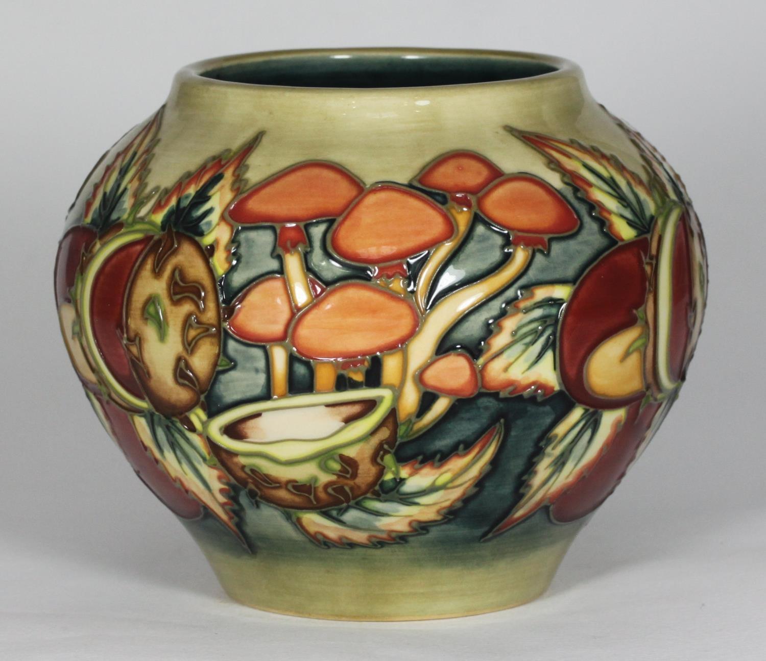 A boxed Moorcroft vase in the 'Mushroom and Conkers' pattern, of globular form, with date symbol - Image 2 of 3