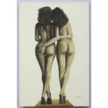 Laurie Abraham; full-length 'rear view' nude study of two ladies wearing only high heels, signed,