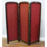 An Anglo-Indian rosewood three-fold screen with carved frame and rouge damask fabric panels, 130cm