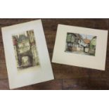 Two unframed aquatints, 'The Mermaid Inn, Rye,' 21x30cm, and 'The Clocktower, Rouen,' 41x23cm,