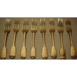 Eight Victorian silver fiddle pattern dessert forks (three initialled) different Makers, London 1846