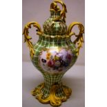 A Coalbrookdale porcelain pot pourri vase with a pierced cover, the green and gilt chequered