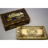 A nineteenth century Persian rectangular hardwood box, applied painted ivory panels of a nobleman