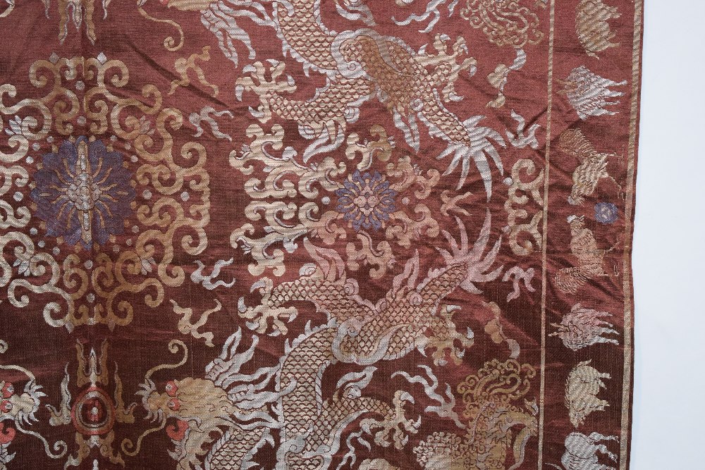 Chinese silk damask hanging, 20th century, 66in. x 37in. 168cm. x 94cm. The chestnut ground woven - Image 9 of 10