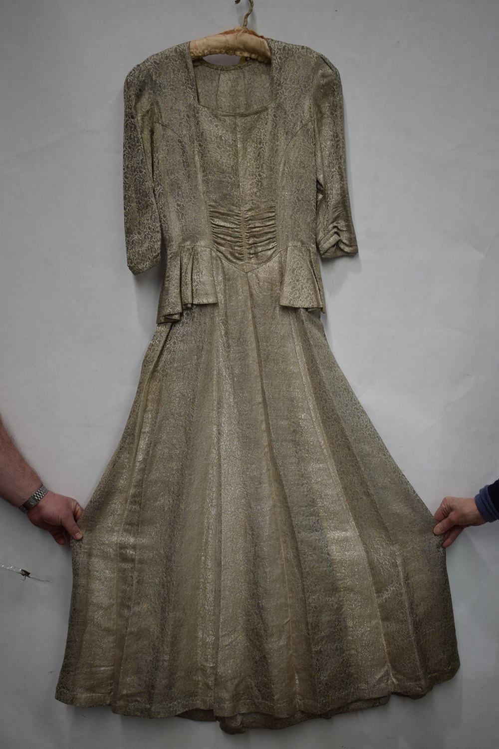Long evening gown, circa 1920s-30s, pale coffee and silver brocade, square neck with three quarter - Image 8 of 8