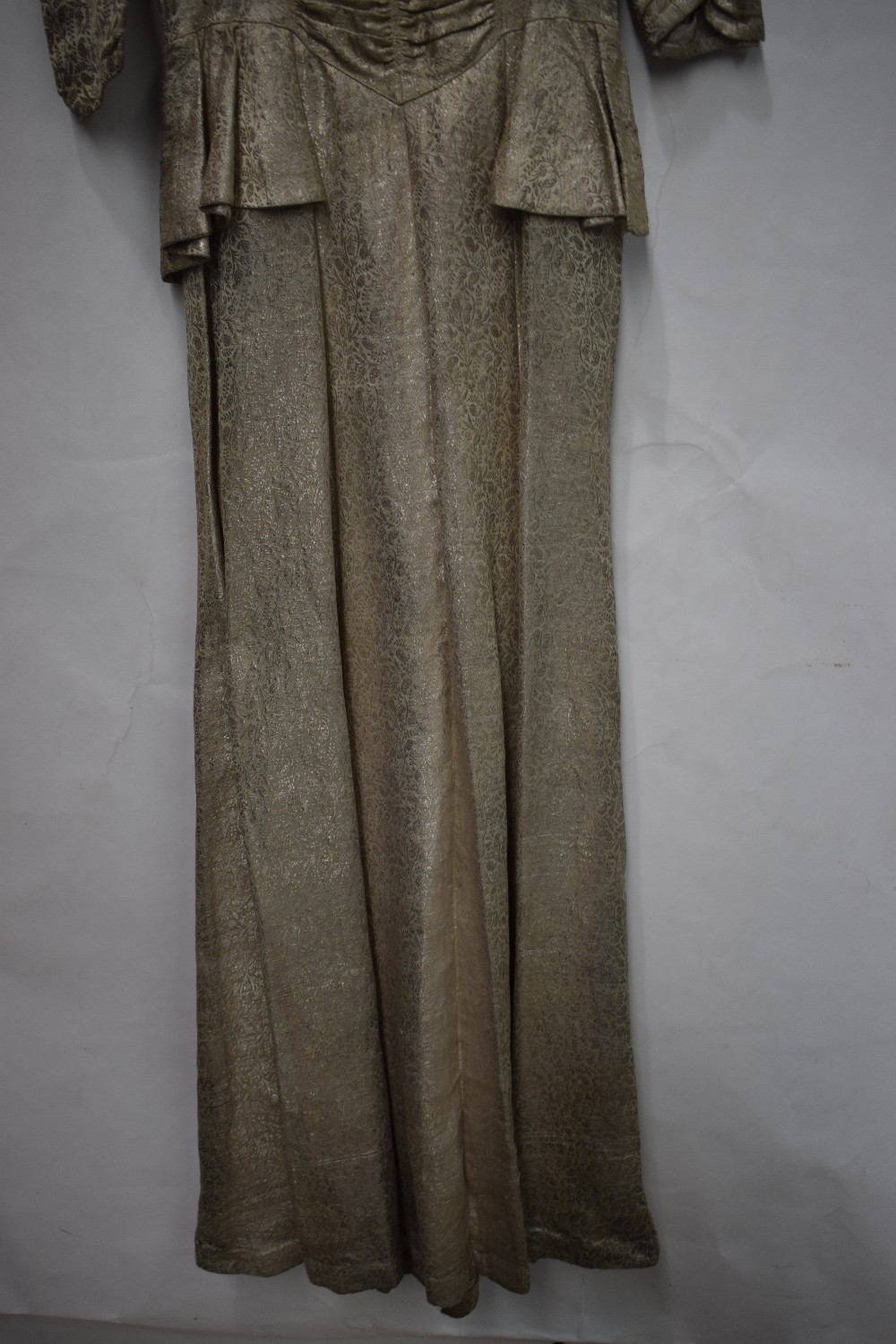 Long evening gown, circa 1920s-30s, pale coffee and silver brocade, square neck with three quarter - Image 3 of 8