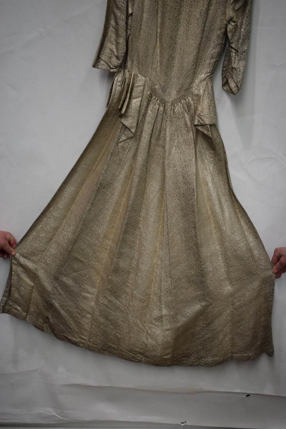 Long evening gown, circa 1920s-30s, pale coffee and silver brocade, square neck with three quarter - Image 7 of 8