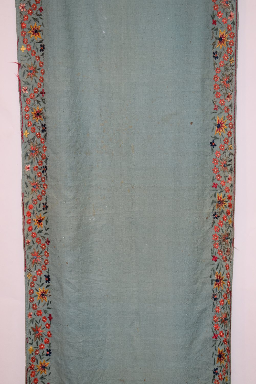 Kashmir stole, north India, early 20th century, 99in. X 22in. 251cm. X 56cm. The pale green fine - Image 3 of 5