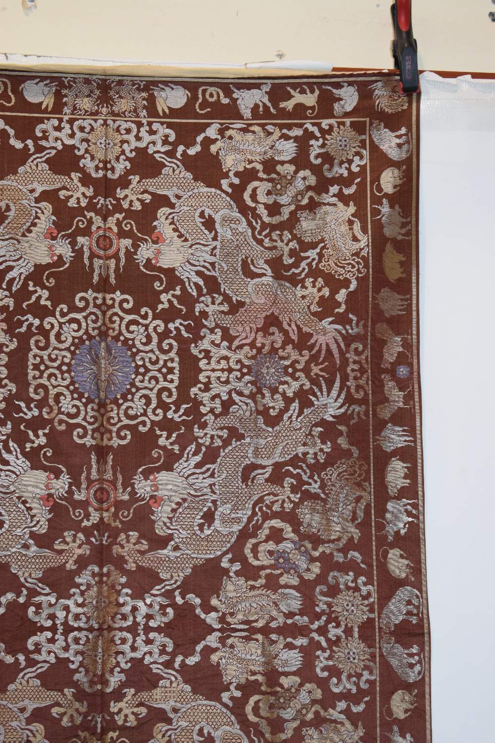 Chinese silk damask hanging, 20th century, 66in. x 37in. 168cm. x 94cm. The chestnut ground woven - Image 3 of 10