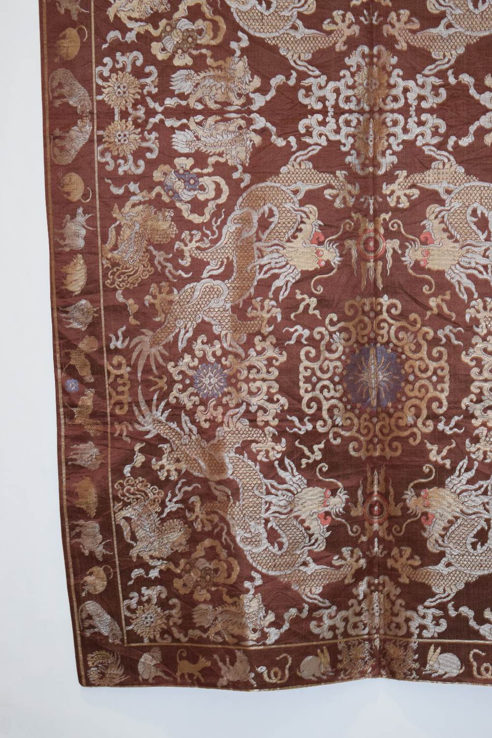 Chinese silk damask hanging, 20th century, 66in. x 37in. 168cm. x 94cm. The chestnut ground woven - Image 5 of 10