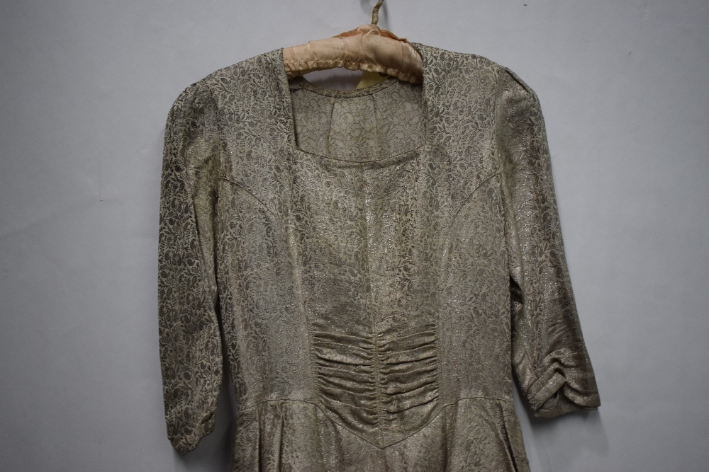 Long evening gown, circa 1920s-30s, pale coffee and silver brocade, square neck with three quarter - Image 2 of 8