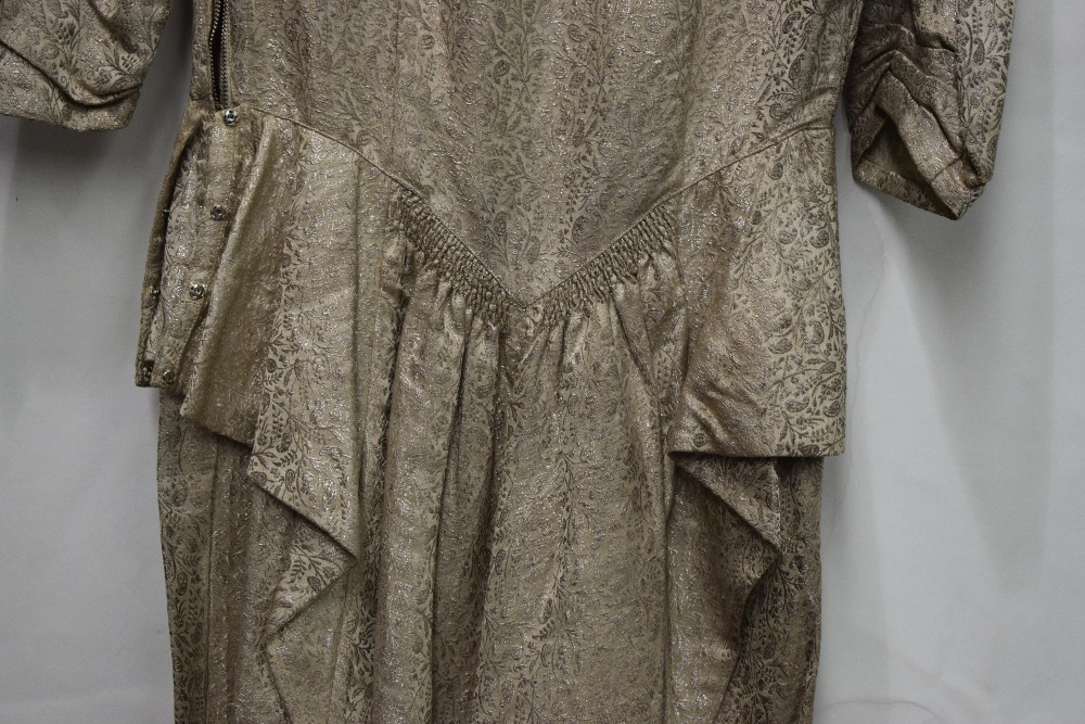 Long evening gown, circa 1920s-30s, pale coffee and silver brocade, square neck with three quarter - Image 6 of 8