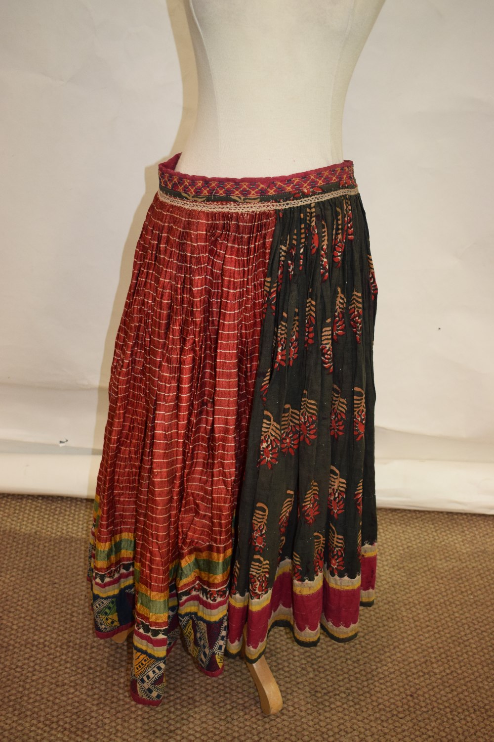 Banjara woman's mashru silk skirt, north west India, circa 1950s, embroidered rouleau waistband; - Image 3 of 5