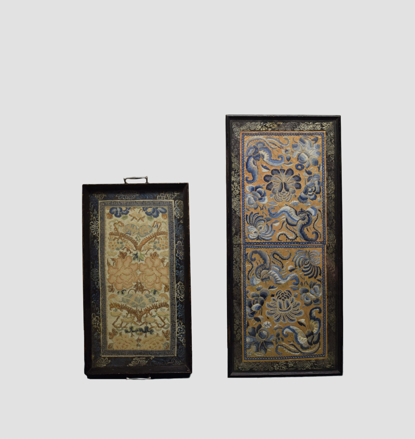 Two Chinese silk embroideries, late 19th/early 20th century, the first, ivory silk damask ground