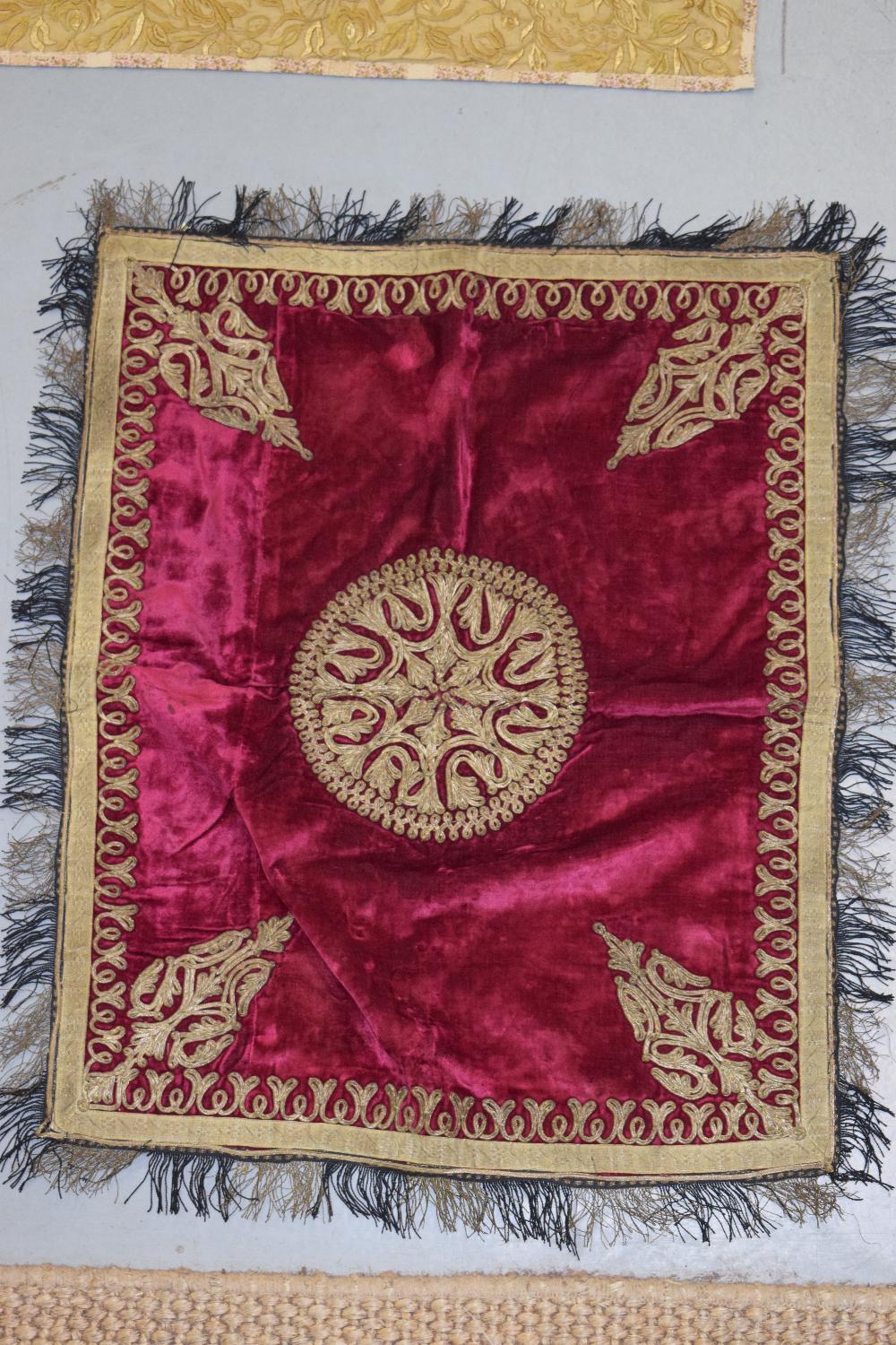 Three Turkish textiles, first half 20th century, the first square gold coloured cotton table cover - Image 2 of 12