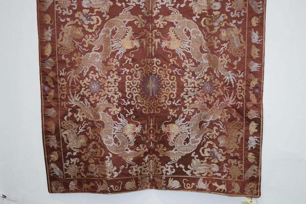 Chinese silk damask hanging, 20th century, 66in. x 37in. 168cm. x 94cm. The chestnut ground woven - Image 7 of 10