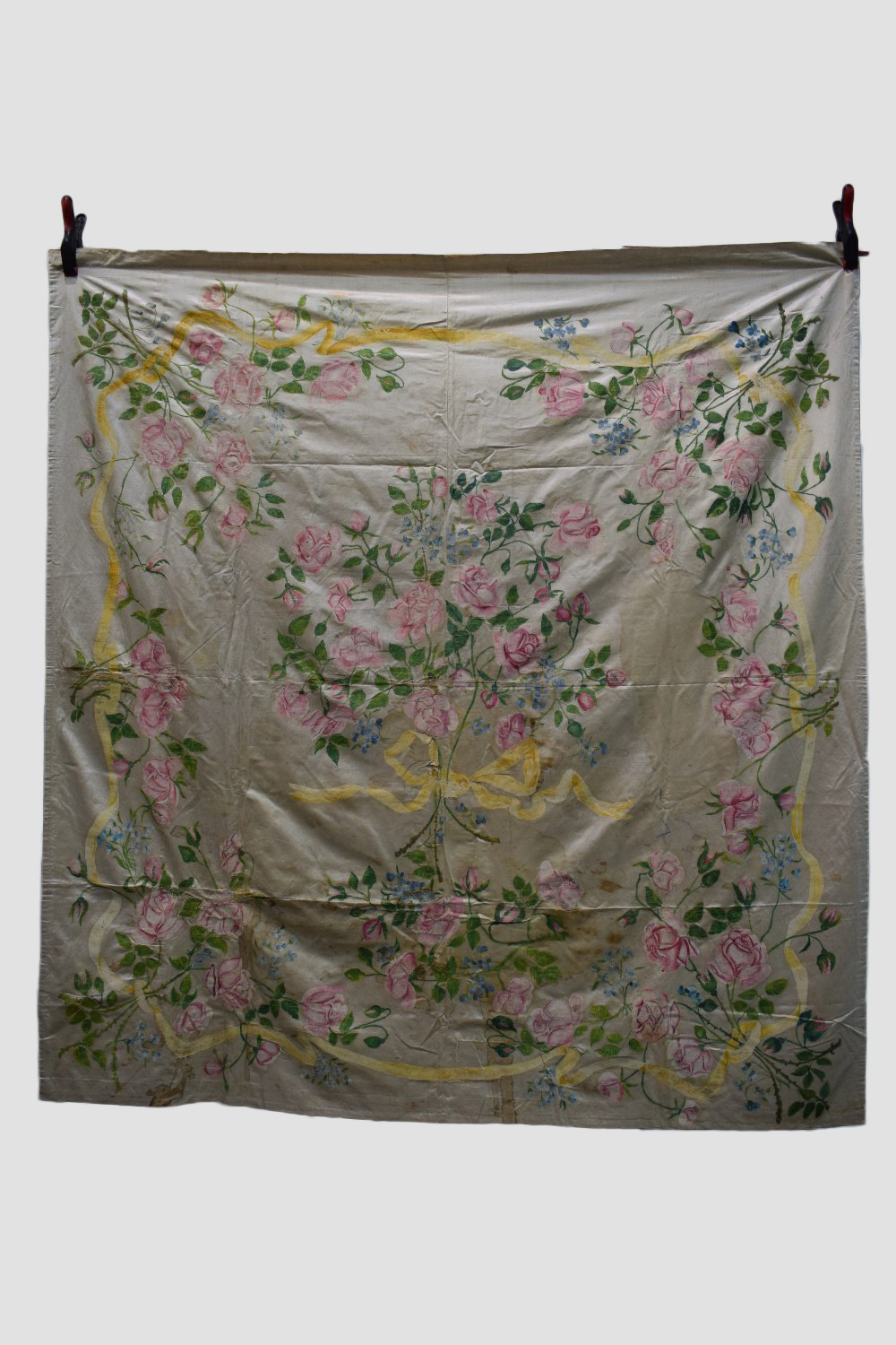 Ivory painted satin table cover, English, early 20th century, 70in. x 67in. 178cm. x 170cm.