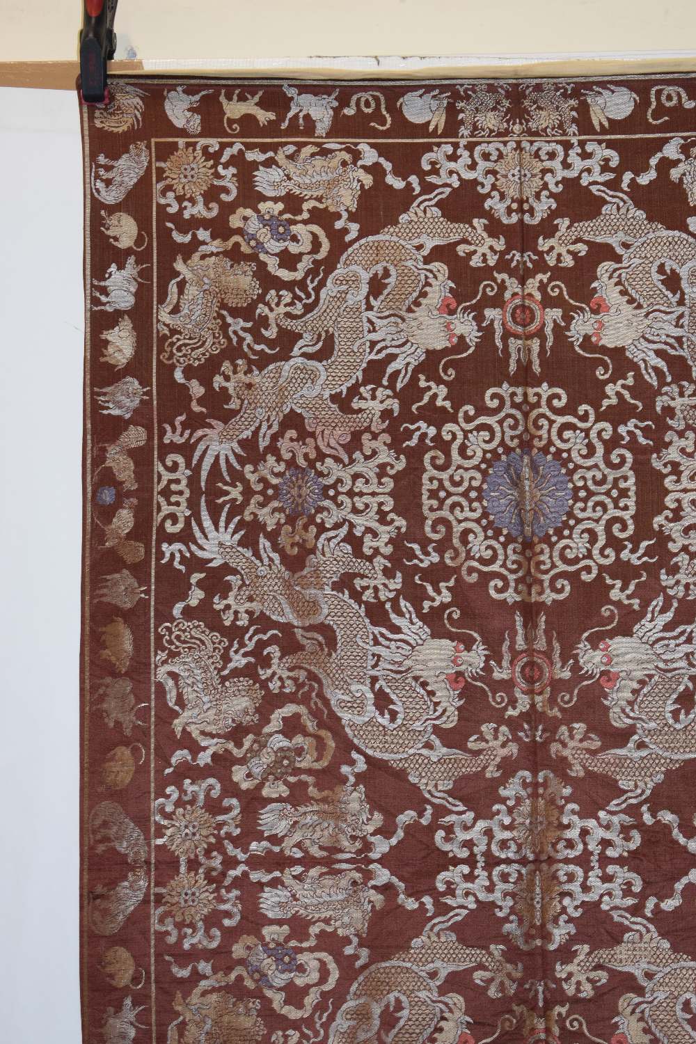 Chinese silk damask hanging, 20th century, 66in. x 37in. 168cm. x 94cm. The chestnut ground woven - Image 4 of 10