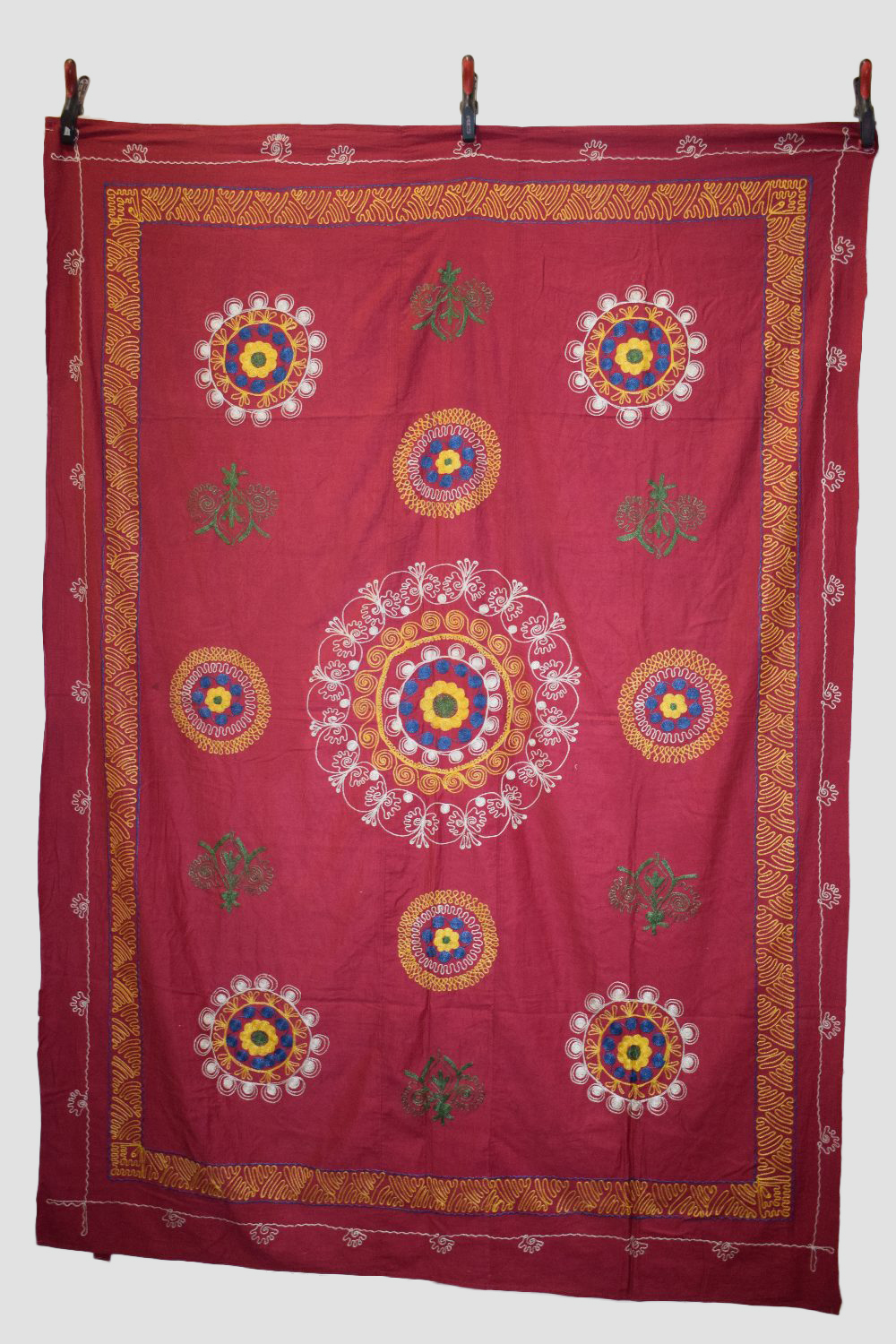 Samarkand suzani, Uzbekistan, early 20th century, 91in. X 67in. 231cm. X 1.70m. Small surface marks.