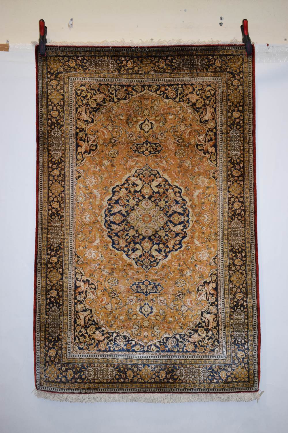 Silk Qum rug, central Persia, mid-20th century, 5ft. 5in. X 3ft. 6in. 1.65m. X 1.07m. Pale gold - Image 3 of 8