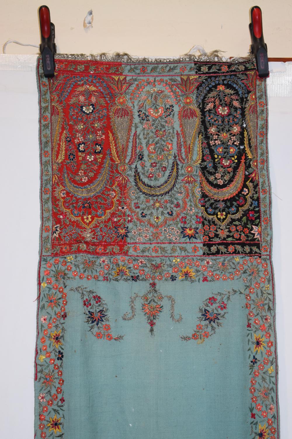 Kashmir stole, north India, early 20th century, 99in. X 22in. 251cm. X 56cm. The pale green fine - Image 4 of 5