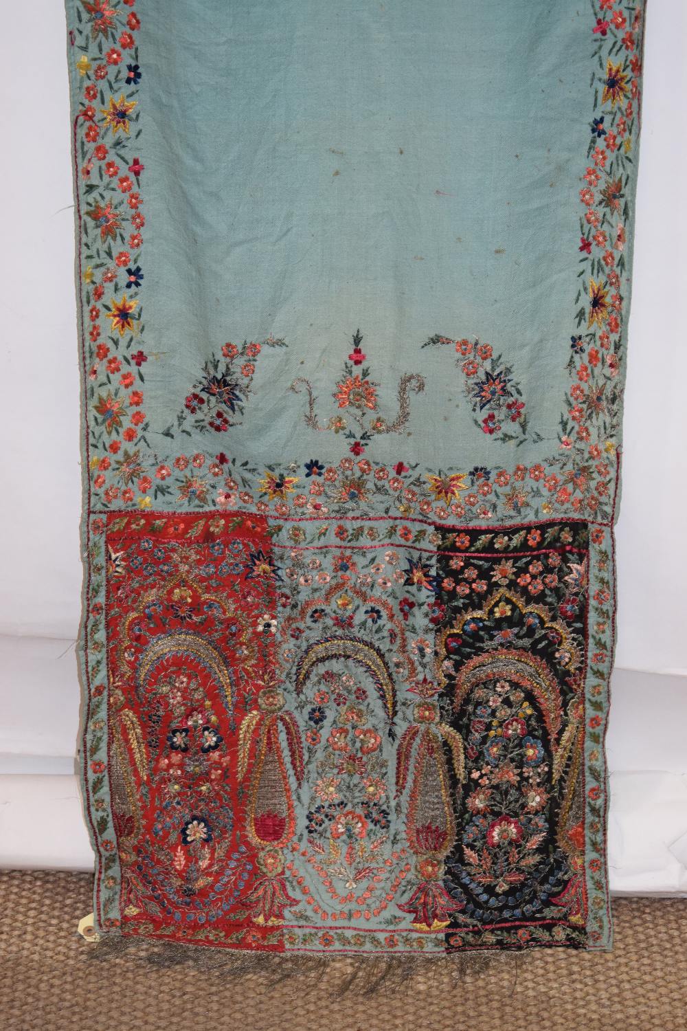 Kashmir stole, north India, early 20th century, 99in. X 22in. 251cm. X 56cm. The pale green fine - Image 2 of 5