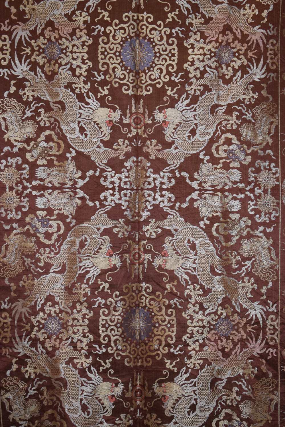 Chinese silk damask hanging, 20th century, 66in. x 37in. 168cm. x 94cm. The chestnut ground woven - Image 8 of 10