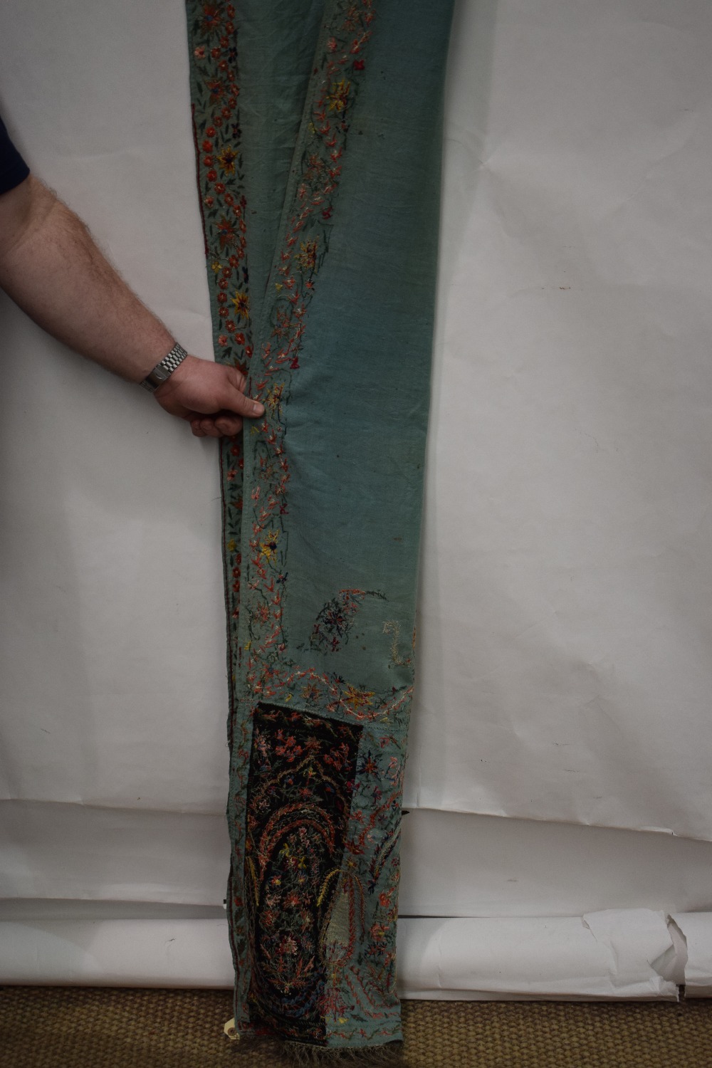 Kashmir stole, north India, early 20th century, 99in. X 22in. 251cm. X 56cm. The pale green fine - Image 5 of 5