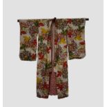 Japanese silk crepe kimono, shoes and slippers, circa 1950s, the ivory kimono printed with