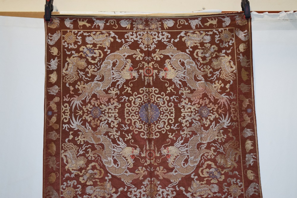 Chinese silk damask hanging, 20th century, 66in. x 37in. 168cm. x 94cm. The chestnut ground woven - Image 6 of 10