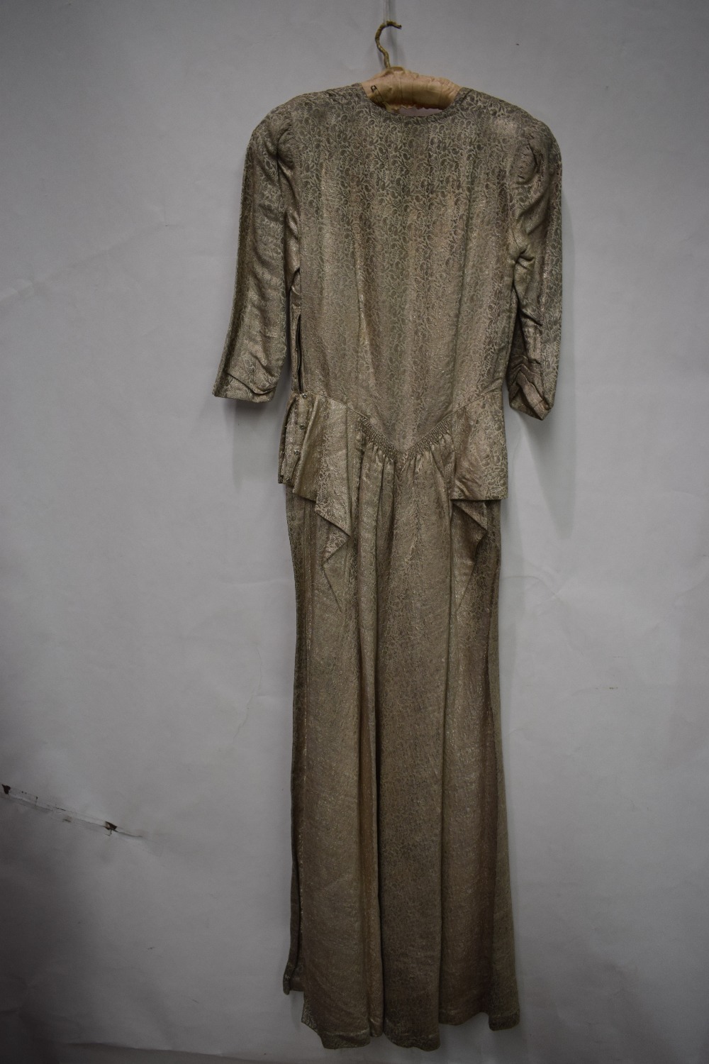 Long evening gown, circa 1920s-30s, pale coffee and silver brocade, square neck with three quarter - Image 4 of 8