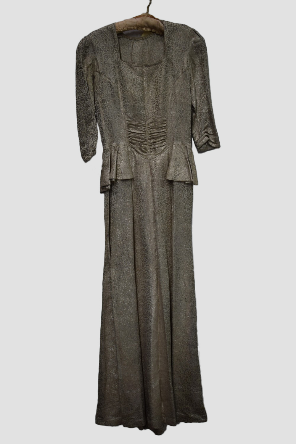 Long evening gown, circa 1920s-30s, pale coffee and silver brocade, square neck with three quarter