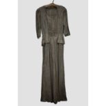 Long evening gown, circa 1920s-30s, pale coffee and silver brocade, square neck with three quarter